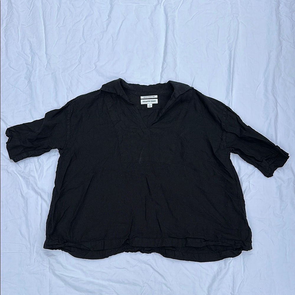 Country Road Black Linen Relaxed 3/4 Sleeve Blouse